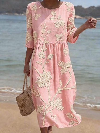 Floral Embroidered Three-Quarter Sleeve Midi Dress for Women