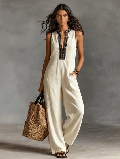 Women's Embroidered Stand Collar Sleeveless Linen Jumpsuit