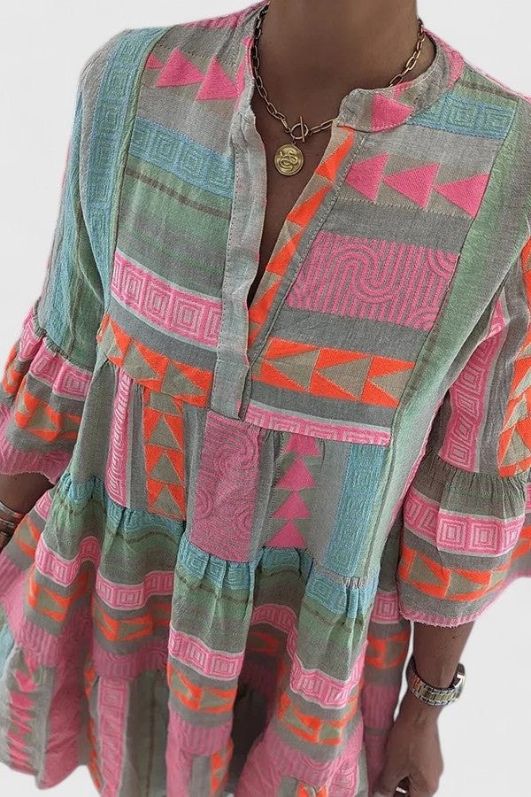 Gisara Boho Tiered Swing Midi Dress with Bell Sleeves and Geometric Print