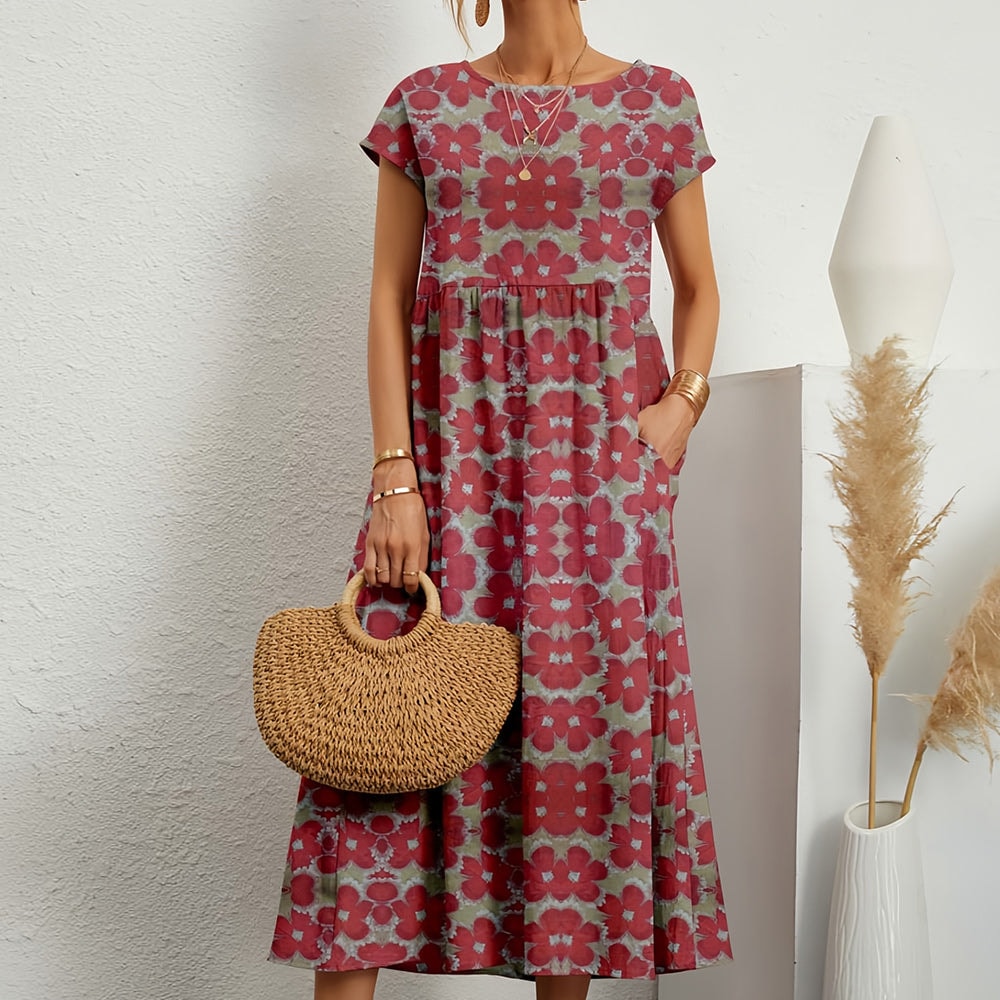 Women's Floral Print A-Line Midi Dress with Short Sleeves