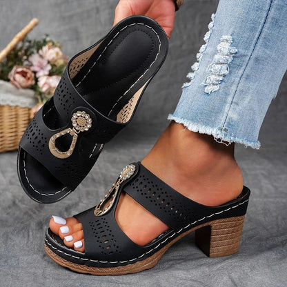 Eliza Winters Rhinestone Flower Cushioned Wedge Sandals
