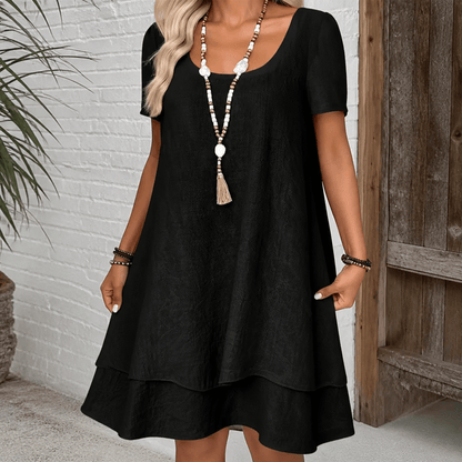 Layered Double-Hem A-Line Cotton Linen Summer Midi Dress for Women with Short Sleeves