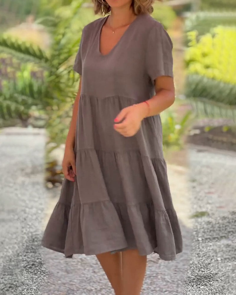 Elsie Tiered V-Neck Cotton Linen Summer Dress with Short Sleeves