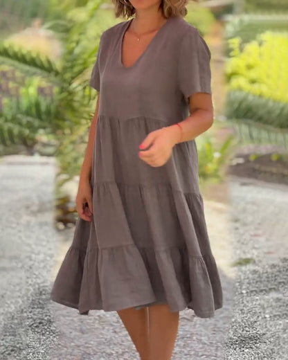 Elsie Tiered V-Neck Cotton Linen Summer Dress with Short Sleeves