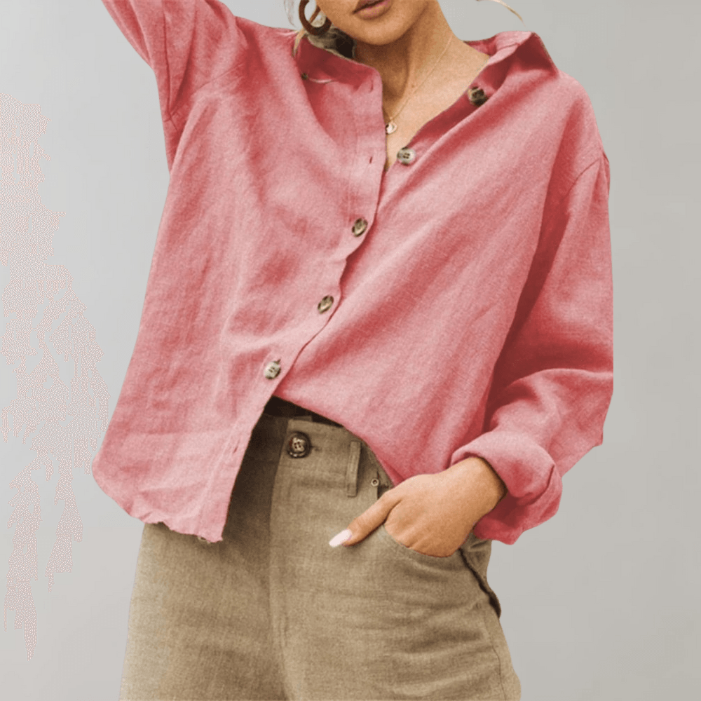 Women's Oversized Linen Blend Button-Up Blouse with Long Sleeves