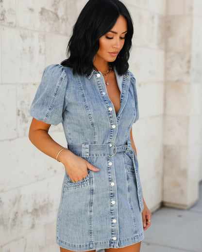 Belted Denim Mini Shirt Dress with Puff Sleeves for Women