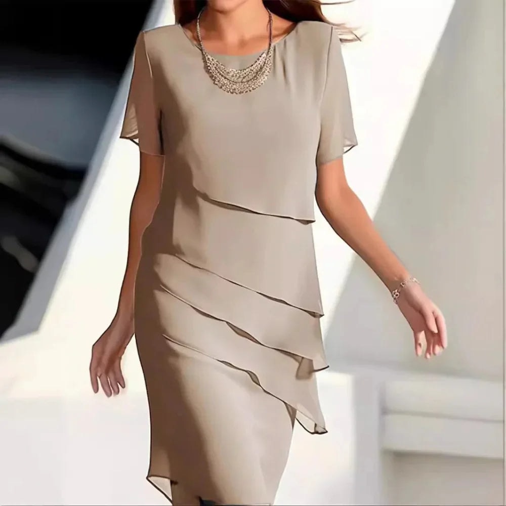 Layered Chiffon Short-Sleeve Summer Midi Dress for Women with Crew Neck