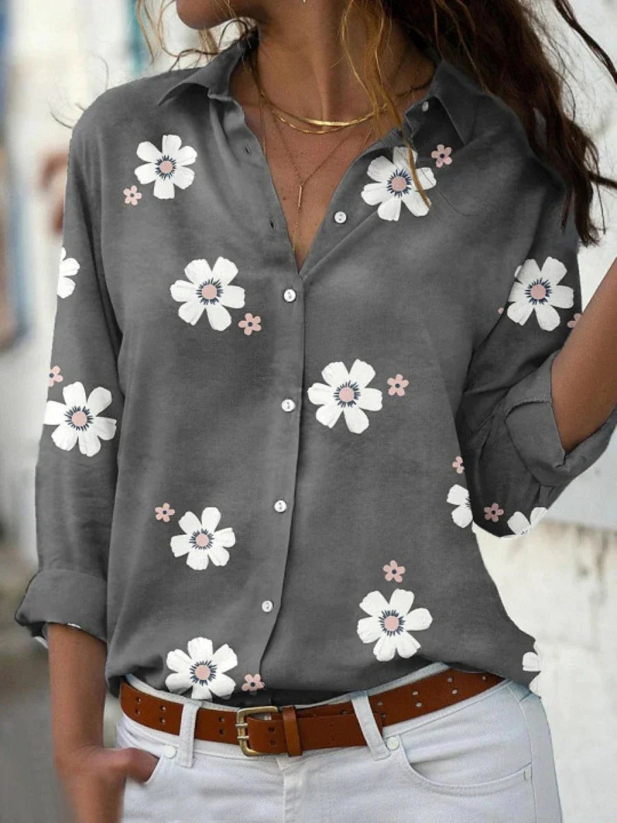 Darya Floral Print Long-Sleeve Blouse for Women with Button-Down Front