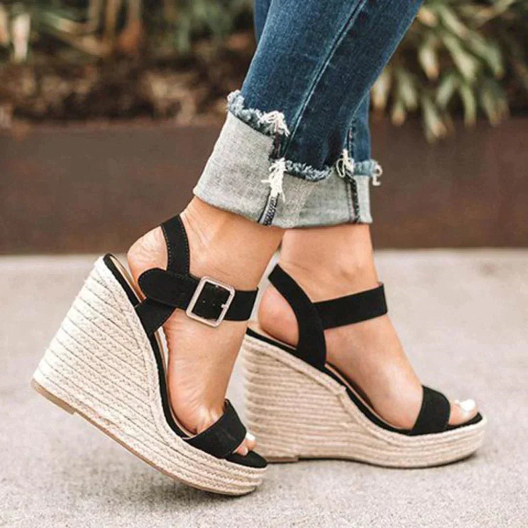 Joyce Open-Toe Espadrille Sandals with Wedge Heel and Buckle Ankle Strap