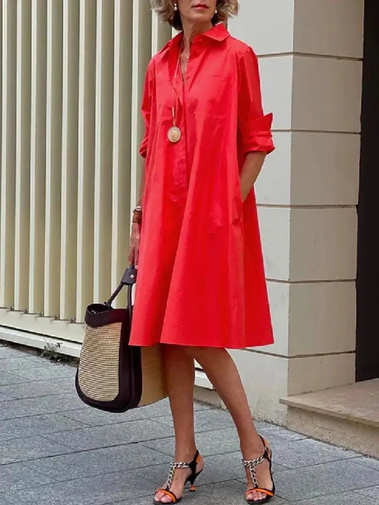 Women's Collared Linen Shirt Midi Dress with Loose Fit for Autumn