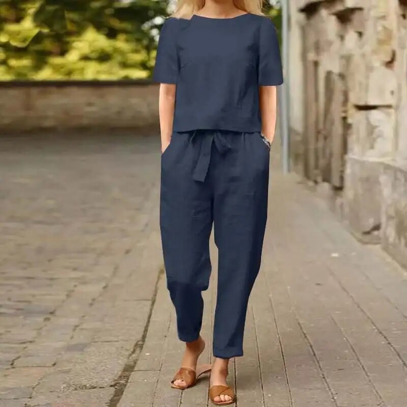 Women's Cotton Linen Relaxed Top and Pants Two-Piece Co-ord Set