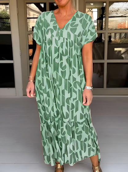 Colette Loose Short-Sleeve V-Neck Maxi Dress with Geometric Print and Tiered Hem