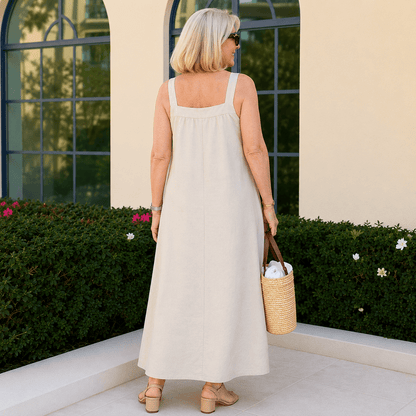 Evangeline Sleeveless Cotton Linen A-Line Women's Summer Midi Dress with Pockets