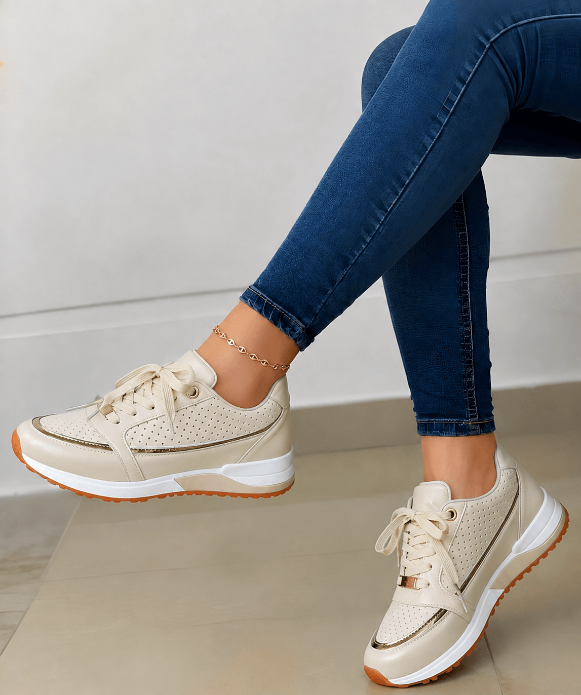 Nikie Lace-Up Chunky Wedge Sneakers with Perforated Upper and Metallic Trim