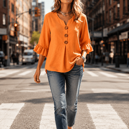 Laurelle V-Neck Ruffle Sleeve Blouse with Button Detail