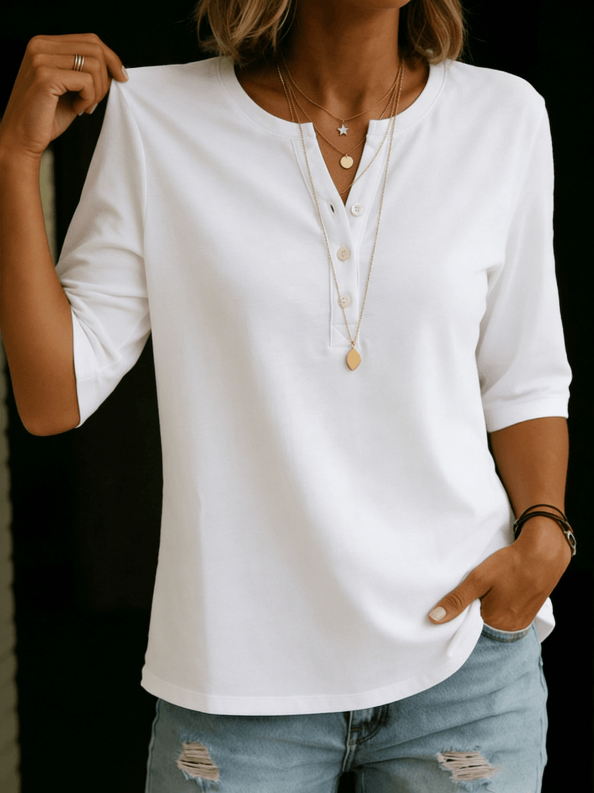 Relaxed Linen Henley Top with Half Sleeves and Button Placket