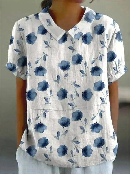 Floral Print Peter Pan Collar Short Sleeve Blouse for Women