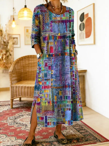 Manuela Ethnic Patchwork Three-Quarter Sleeve Cotton Blend Midi Dress for Women