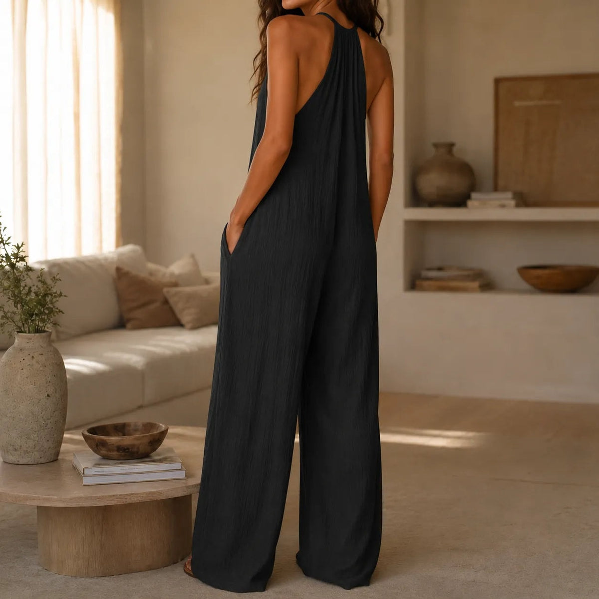 Drevana Halter Wide-Leg Jumpsuit for Women with Deep Pockets and Flowy Drape