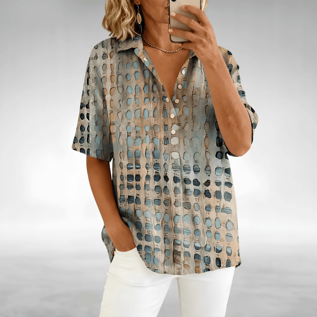 Loose Fit Linen Blend Summer Top with Abstract Dot Print and Short Sleeves