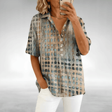 Loose Fit Linen Blend Summer Top with Abstract Dot Print and Short Sleeves