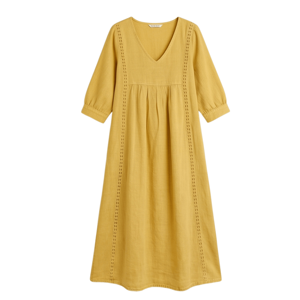 Women's Relaxed Linen-Cotton Summer Midi Dress with Lace Trim and Pockets
