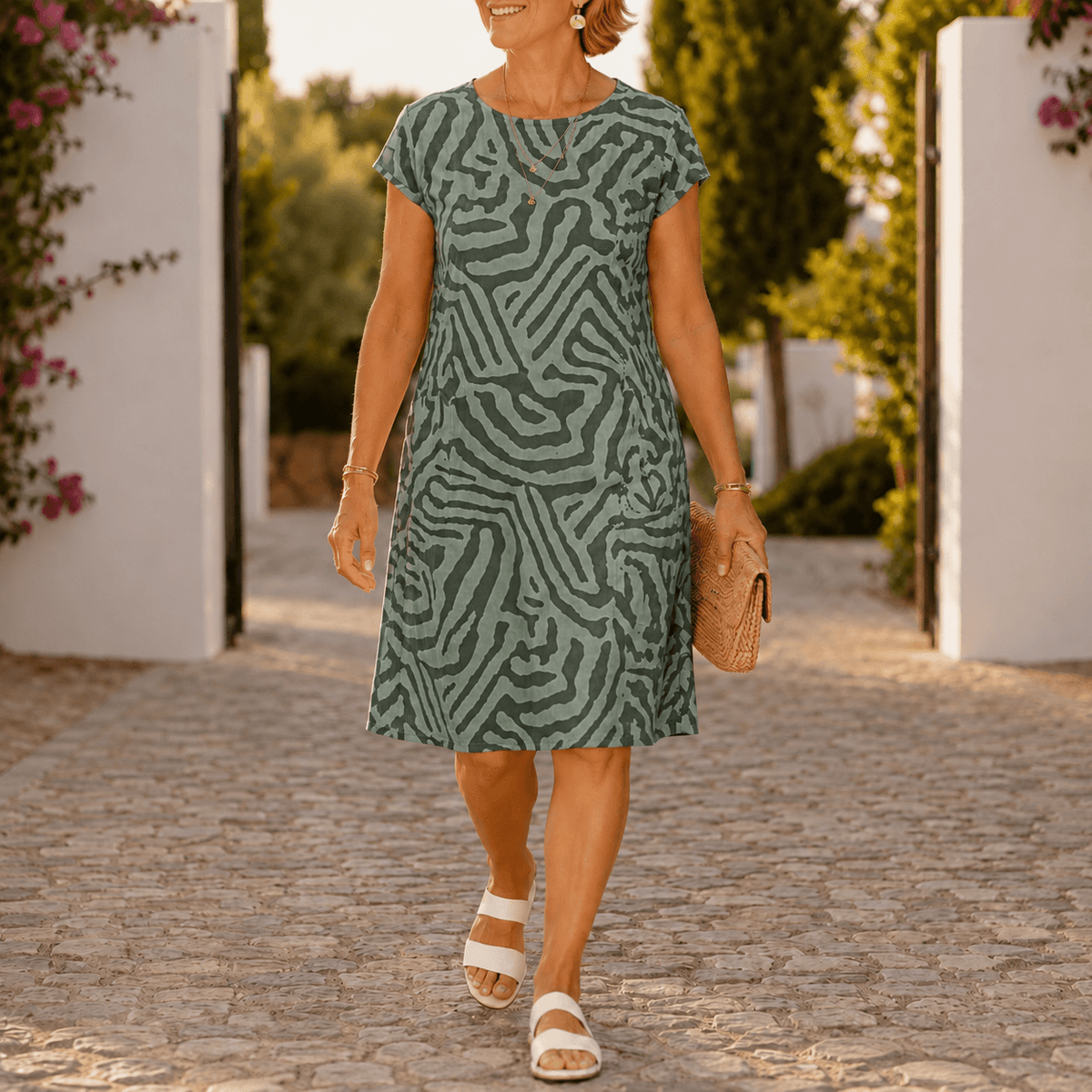 Ingrid Cap-Sleeve Abstract Print Midi Shift Dress for Women