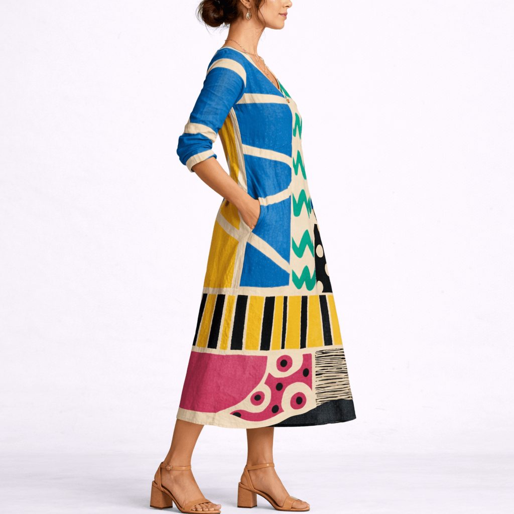 Women's Abstract Print Linen Midi Summer Dress with Pockets