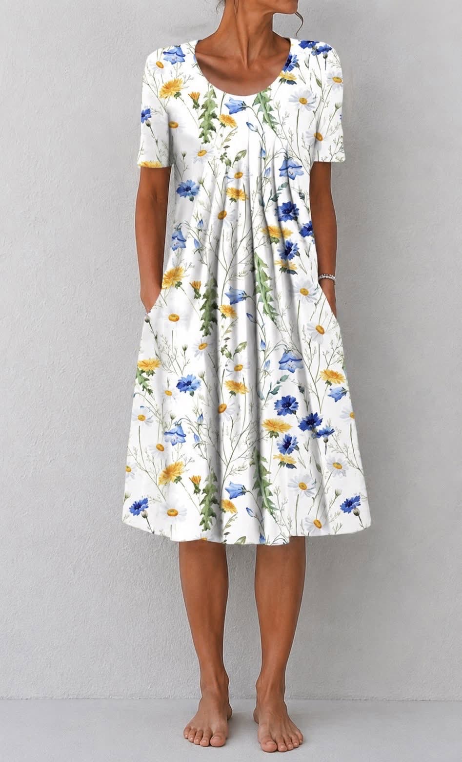 Erin Floral Print Short-Sleeve Women's Midi Dress with Pockets