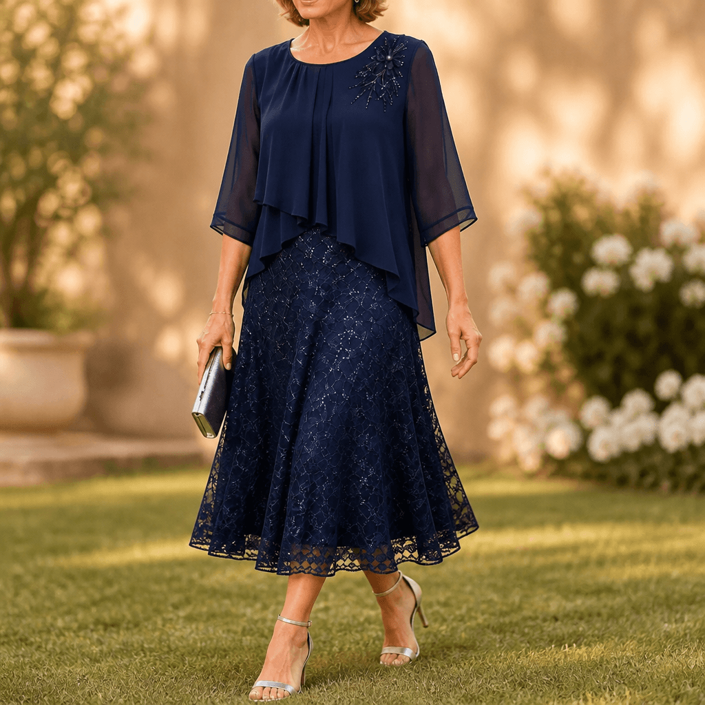 Elavine Layered Chiffon Lace Overlay Women's Midi Dress with Sheer Sleeves
