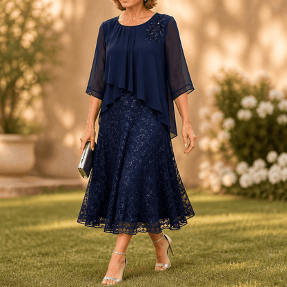 Elavine Layered Chiffon Lace Overlay Women's Midi Dress with Sheer Sleeves