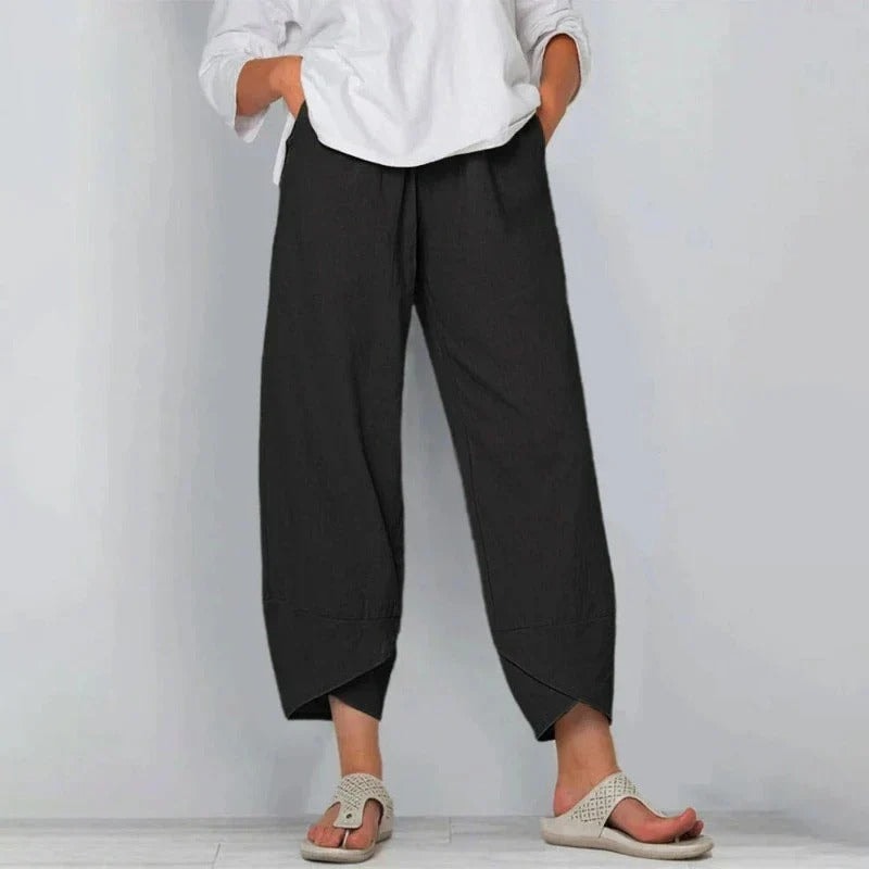 Women's Wide-Leg Cropped Linen-Blend Gaucho Pants with Elastic Waist