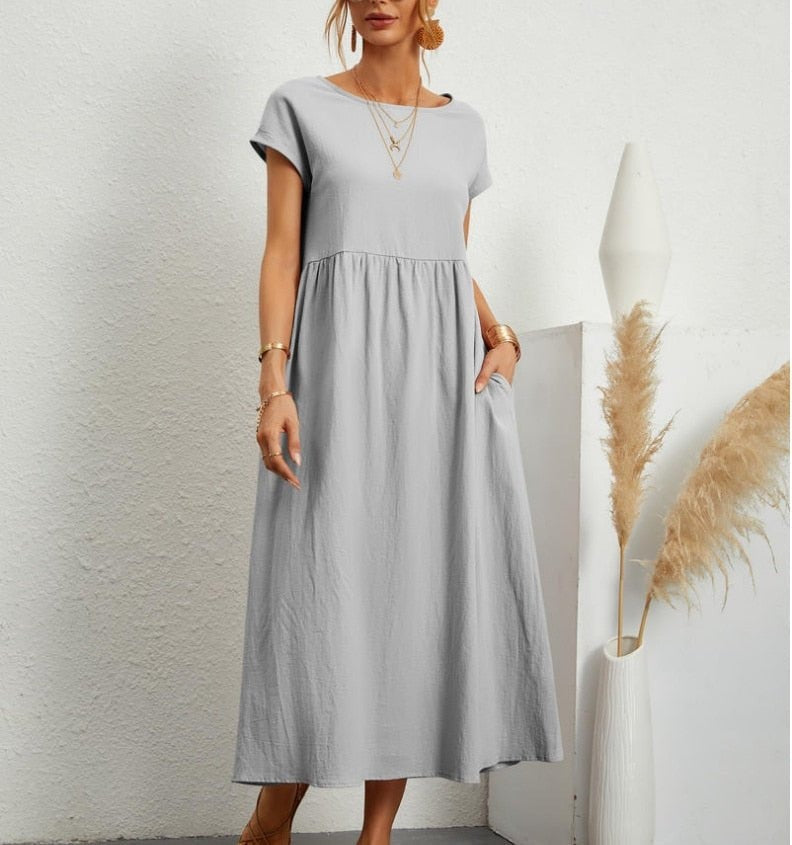 Cotton Blend Women's Midi Dress with Pockets and Cap Sleeves
