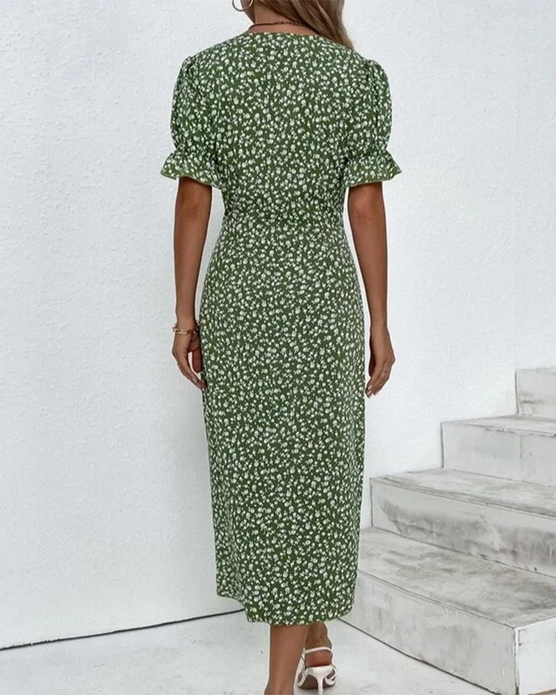 Martha Floral V-Neck Button Front Midi Dress for Women with Puff Sleeves