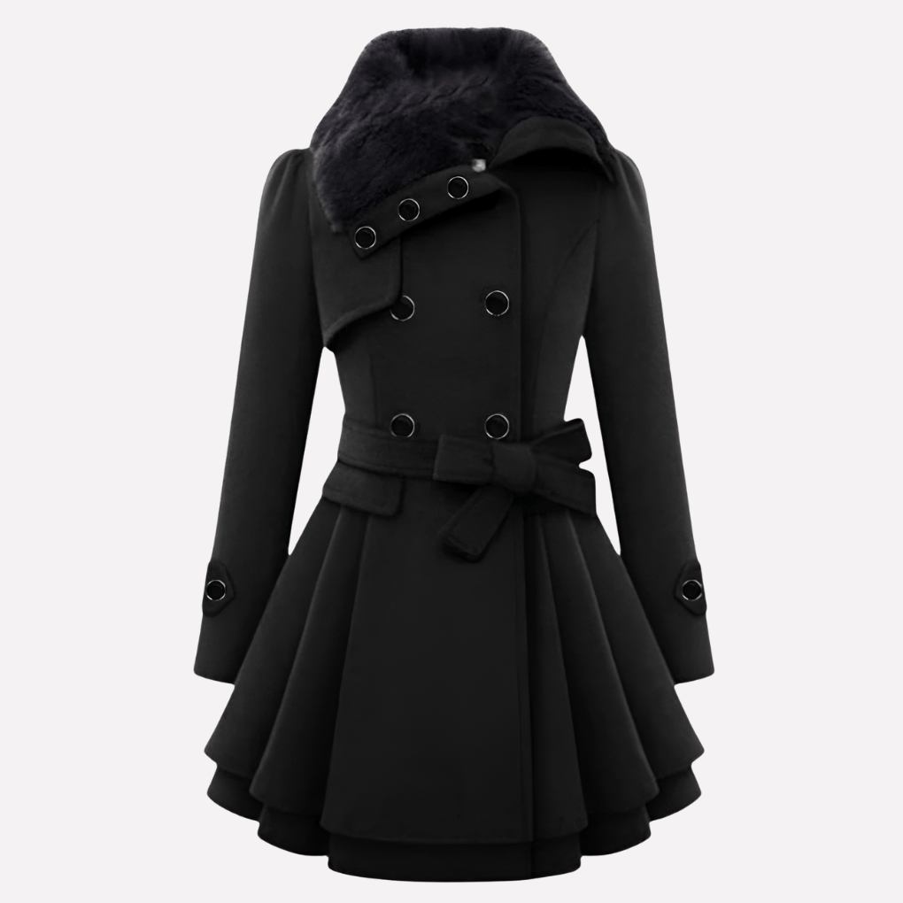 Fit and Flare Wool Blend Pea Coat with Belted Waist and Faux Fur Collar