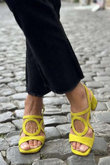 Women's Cushioned Suede Block Heel Sandals with Round Cutout Detail