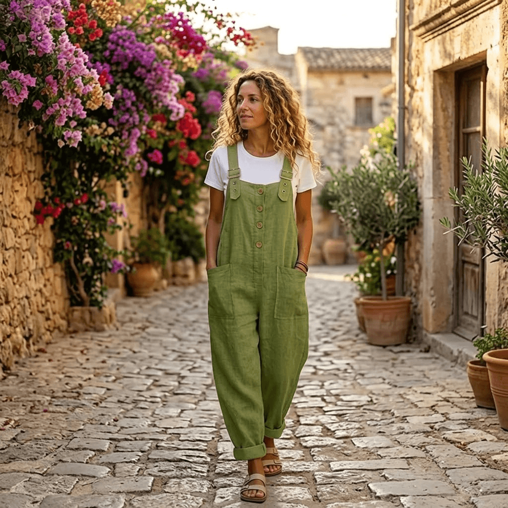 Women's Button-Front Wide-Leg Linen Overalls with Pockets