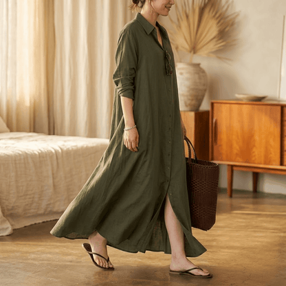 Halvine Button-Through Maxi Shirt Dress with Long Sleeves and Side Pockets