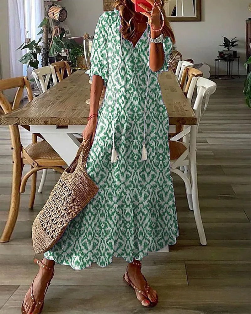 Joanne Tassel-Tie Ikat Print Cotton Blend Women's Midi Dress with Tummy Coverage