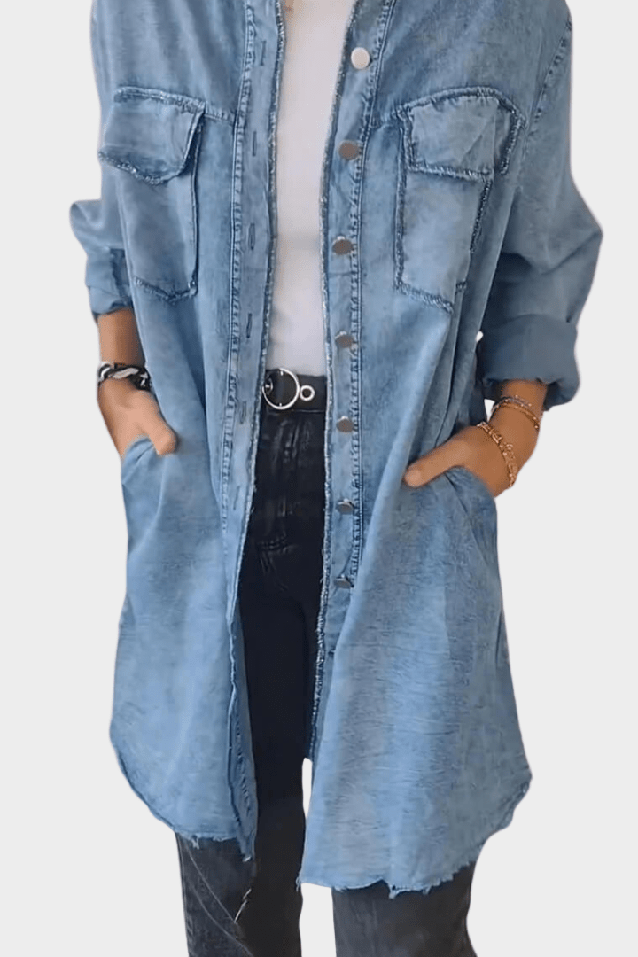 Cordelia Button-Front Long-Sleeve Mini Dress with Shirt Collar and Frayed Hem