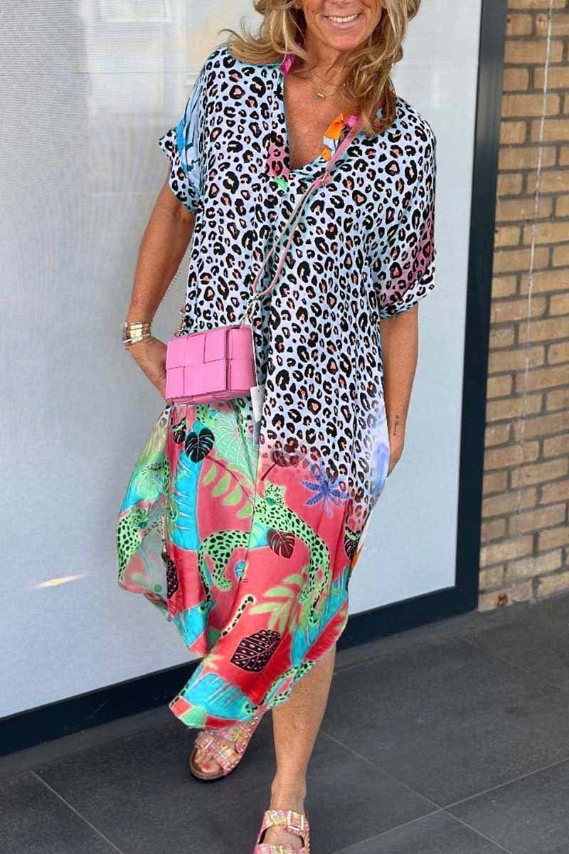 Christine Leopard and Tropical Print Button-Down Midi Dress for Women