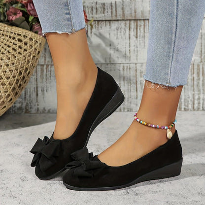 Maisie Faux Suede Slip-On Wedge Ballet Flats with Bow and Rounded Toe