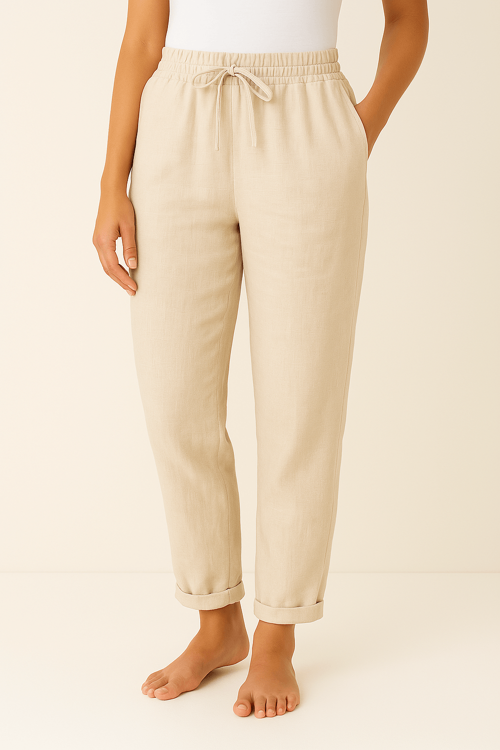 Lightweight Linen Blend Summer Pants with Elastic Drawstring Waist and Pockets