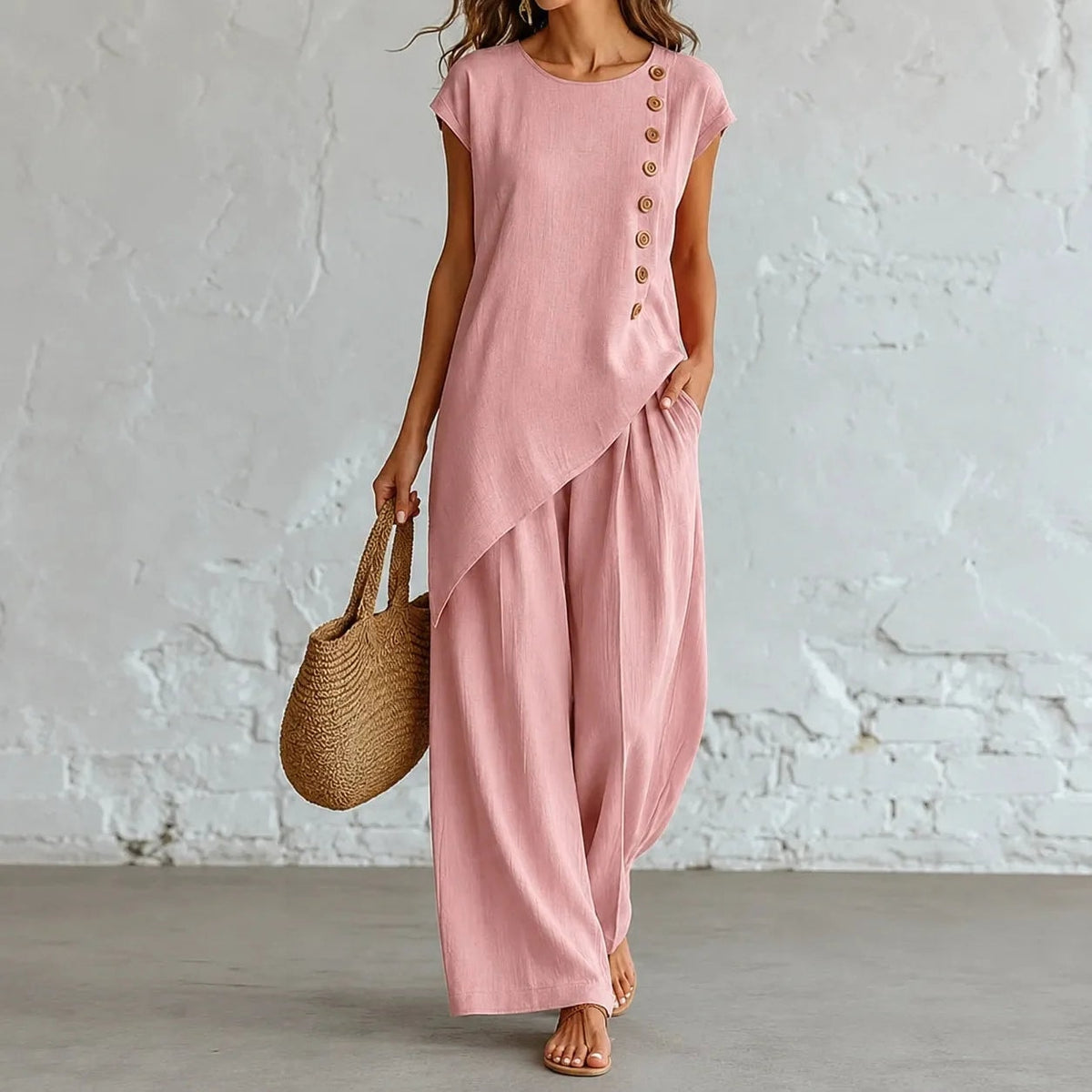 Two-Piece Matching Co-Ord Set with Asymmetric Button Top and Wide-Leg Pants