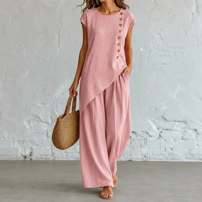 Two-Piece Matching Co-Ord Set with Asymmetric Button Top and Wide-Leg Pants