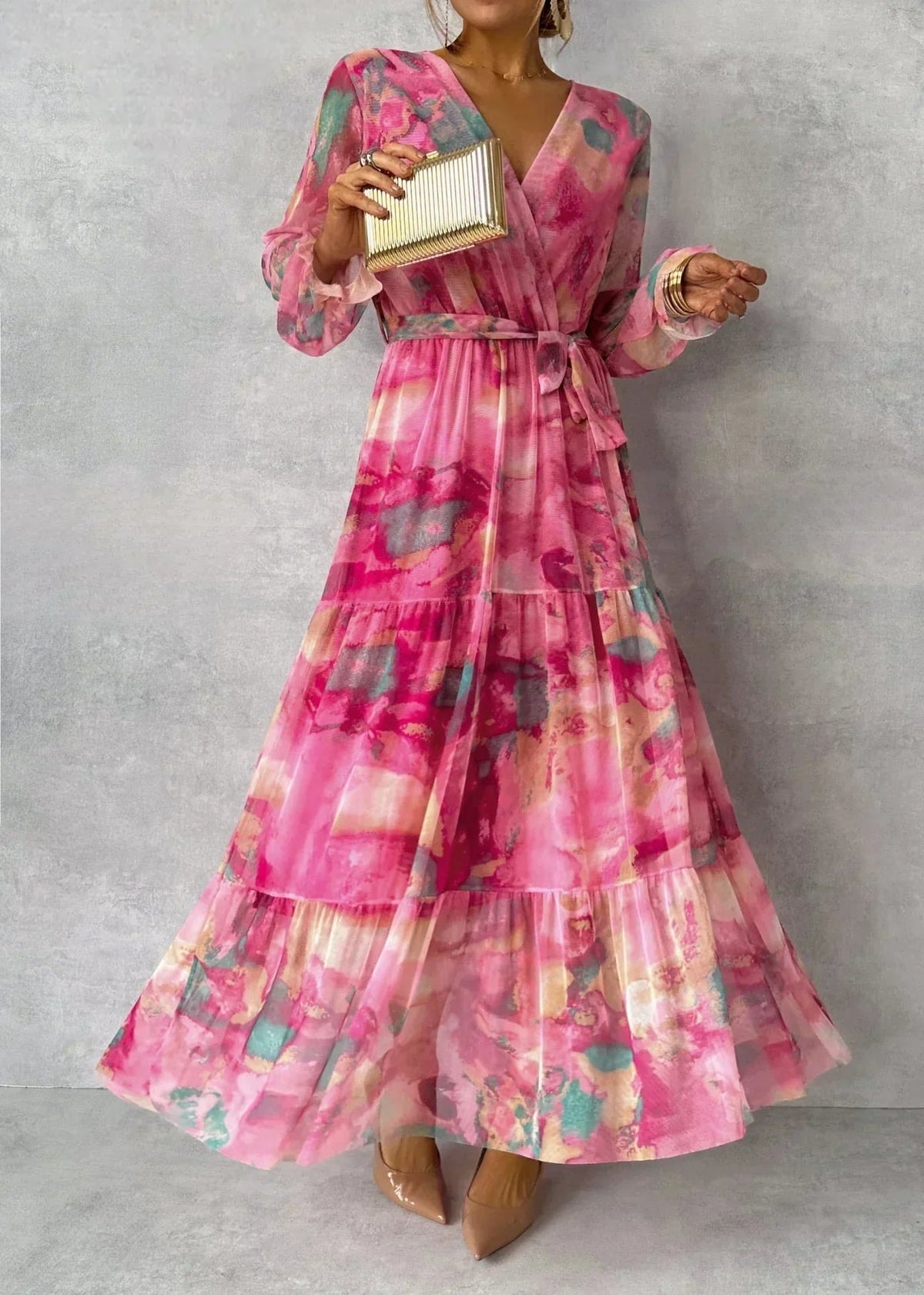 Romilly Floral Chiffon Wrap Maxi Summer Wedding Guest Dress for Women with Long Sleeves