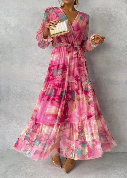Romilly Floral Chiffon Wrap Maxi Summer Wedding Guest Dress for Women with Long Sleeves