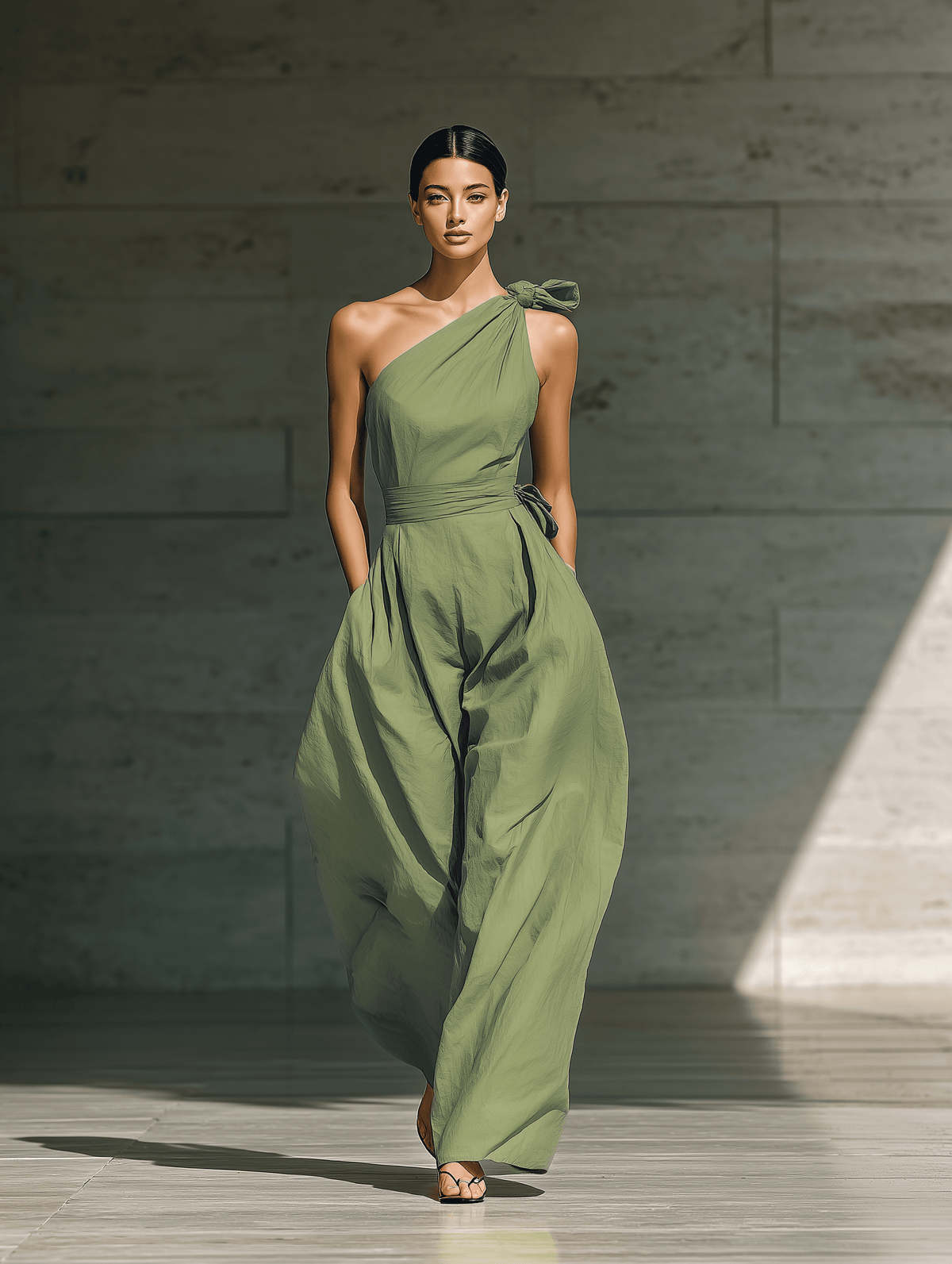 One-Shoulder Wide-Leg Linen Jumpsuit with Tie Detail for Women