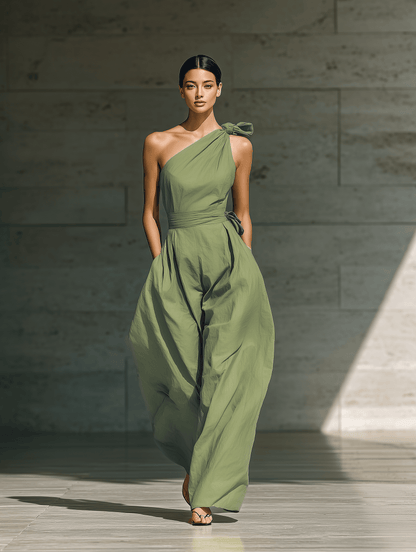One-Shoulder Wide-Leg Linen Jumpsuit with Tie Detail for Women