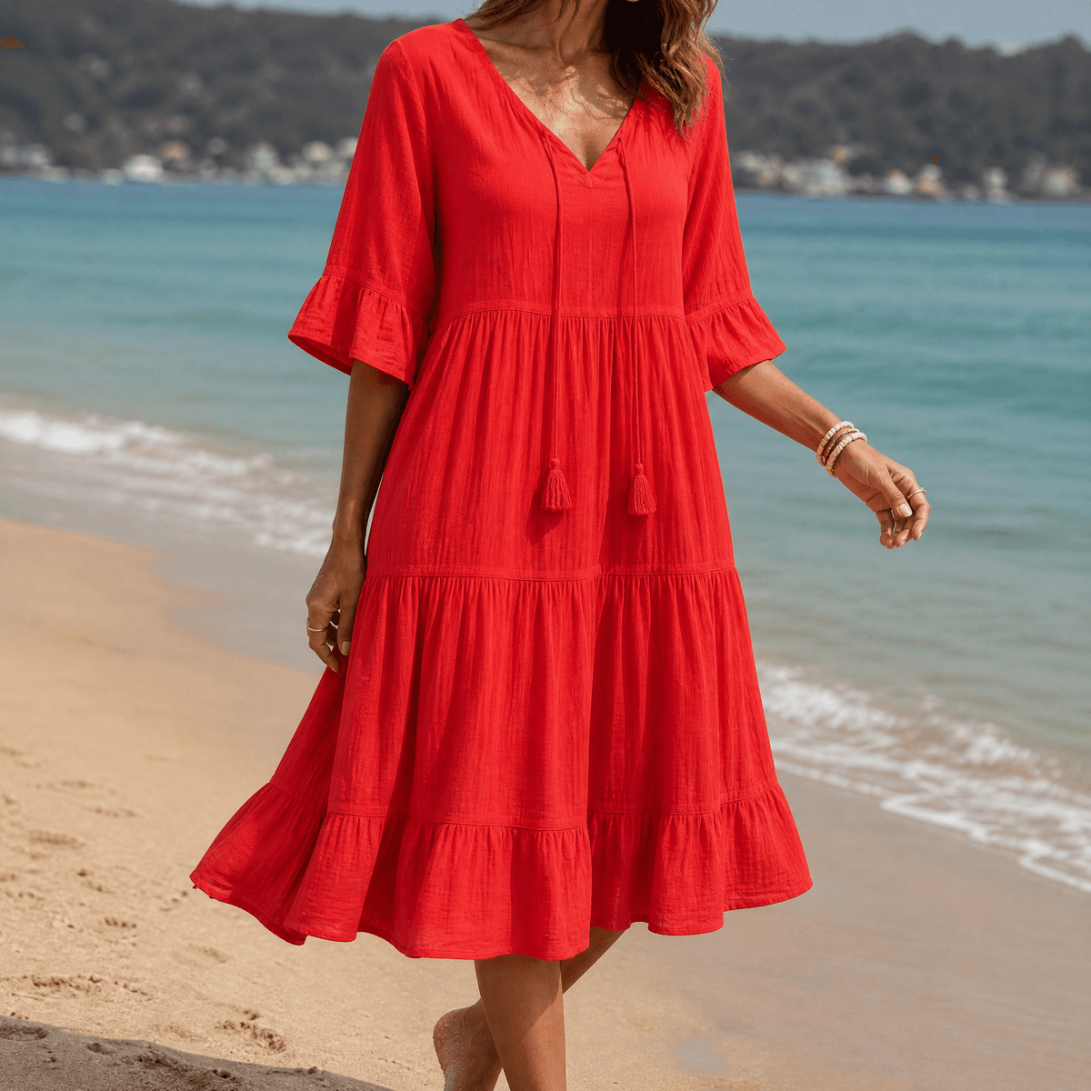 Solera Tiered Cotton Midi Dress with V-Neck Tassel Tie and Flared Sleeves